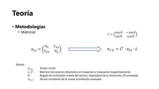 Teoría
• Metodologías
• Matricial
𝜎𝑥𝑦 =
𝜎𝑥 𝜏 𝑥𝑦
𝜏 𝑦𝑥 𝜎 𝑦
𝐿 =
cos 𝜃 − sin 𝜃
sin 𝜃 cos 𝜃
𝜎𝑥´𝑦´ = 𝐿 𝑇 ∙ 𝜎𝑥𝑦 ∙ 𝐿
Donde:
𝜎 𝑥𝑦: Tensor inicial
𝐿, 𝐿 𝑇: Matrices de cosenos directores sin trasponer y traspuesta respectivamente
𝜃: Ángulo de inclinación o beta del azimut, dependerá de la dimensión 2D analizada
𝜎 𝑥´𝑦´: Tensor resultante de la nueva orientación evaluada
 