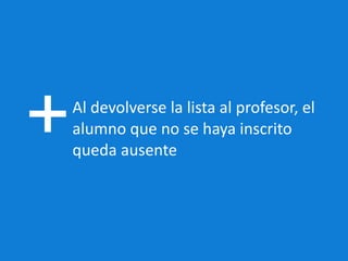 Al devolverse la lista al profesor, el alumno que no se haya inscrito queda ausente 
