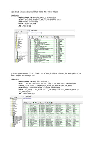 e) Los libros de editoriales extranjeras (CODIGO, TITULO, AÑO y PAIS de ORIGEN).

CODIGO SQL:
         CREATE OR REPLACE VIEW EDITORIALES_EXTRANJERAS AS
         SELECT L.COD_LIBRO AS CODIGO, L.TITULO, L.AGNO AS AÑO, E.PAIS
         FROM LIBROS L, EDITORIALES E
         WHERE E.ID_EDIT=L.ID_EDIT
         AND E.PAIS<>'CHILE'




f) Los libros que son de reserva (CODIGO, TITULO y AÑO del LIBRO, NOMBRE de la biblioteca, el NOMBRE y APELLIDO del
autor, el NOMBRE de la editorial y el PAIS ).

CODIGO SQL:
         CREATE OR REPLACE VIEW LIBROS_RESERVA AS
         SELECT L.COD_LIBRO AS CODIGO, L.TITULO, L. AGNO AS AÑO, B.BIBLIOTECA, A.NOMBRES AS
         NOMBRE_AUTOR, A.APELLIDOS AS APELLIDO_AUTOR, E.NOMBRE AS EDITORIAL, E.PAIS
         FROM LIBROS L, TIPO T, BIBLIOTECA B, AUTORES A, EDITORIALES E
         WHERE A.RUT_AUTOR = L.RUT_AUTOR AND E.ID_EDIT=L.ID_EDIT AND B.ID_BIBLIO=L.ID_BIBLIO AND
         T.ID_TIPO=L.ID_TIPO
         AND T.TIPO_P= 'RESERVA'
 