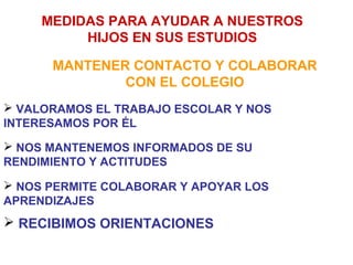 MEDIDAS PARA AYUDAR A NUESTROS
          HIJOS EN SUS ESTUDIOS

      MANTENER CONTACTO Y COLABORAR
              CON EL COLEGIO
 VALORAMOS EL TRABAJO ESCOLAR Y NOS
INTERESAMOS POR ÉL
 NOS MANTENEMOS INFORMADOS DE SU
RENDIMIENTO Y ACTITUDES

 NOS PERMITE COLABORAR Y APOYAR LOS
APRENDIZAJES
 RECIBIMOS ORIENTACIONES
 