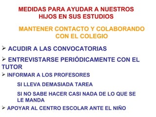 MEDIDAS PARA AYUDAR A NUESTROS
          HIJOS EN SUS ESTUDIOS

     MANTENER CONTACTO Y COLABORANDO
              CON EL COLEGIO
 ACUDIR A LAS CONVOCATORIAS
 ENTREVISTARSE PERIÓDICAMENTE CON EL
TUTOR
 INFORMAR A LOS PROFESORES
    SI LLEVA DEMASIADA TAREA
    SI NO SABE HACER CASI NADA DE LO QUE SE
    LE MANDA
 APOYAR AL CENTRO ESCOLAR ANTE EL NIÑO
 