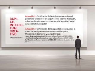 Actuación 2. Certificación de la dedicación exclusiva del
personal a tareas de I+D+i según el Real Decreto 475/2014,
sobre bonificaciones en la cotización a la Seguridad Social
del personal investigador.
Actuación 3. Certificación de la capacidad de innovación a
través de las siguientes normas reconocidas por el
Ministerio de Economía y competitividad:
Joven Empresa Innovadora (JEI), según la Especificación AENOR EA0043
Certificación de Pyme Innovadora, según la Especificación AENOR EA0047
Certificación conforme a la norma UNE 166.002 «Sistemas de gestión de la
I+D+i»
 