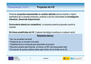 Financiación I+D+i                      Proyectos de I+D

Financian proyectos empresariales de carácter aplicado para la creación y mejora
significativa de un proceso productivo, producto o servicio (actividades de Investigación
Industrial y Desarrollo Experimental).

Convocatoria abierta (no competitiva). La empresa presenta propuesta cuando lo
necesita

Sin líneas predefinidas de I+D. Cualquier tecnología novedosa en cualquier sector
                                        Requisitos básicos:
• Ser una sociedad mercantil.
• Existencia de un proyecto innovador.
• Viabilidad técnico-comercial para desarrollar el proyecto.
• Recursos propios para financiar, al menos, el 30% del presupuesto total.
• El conjunto de ayudas públicas debe estar dentro de los límites de la UE.


      UNIÓN EUROPEA
      Fondo Europeo de
      Desarrollo Regional (FEDER)   8          (27/06/2012)
      Una manera de hacer Europa
 