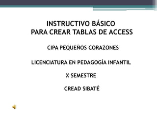 INSTRUCTIVO BÁSICO
PARA CREAR TABLAS DE ACCESS
CIPA PEQUEÑOS CORAZONES
LICENCIATURA EN PEDAGOGÍA INFANTIL
X SEMESTRE
CREAD SIBATÉ