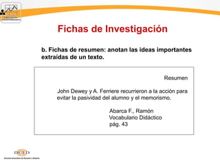 Fichas de Investigación
b. Fichas de resumen: anotan las ideas importantes
extraídas de un texto.
Resumen
John Dewey y A. Ferriere recurrieron a la acción para
evitar la pasividad del alumno y el memorismo.
Abarca F., Ramón
Vocabulario Didáctico
pág. 43
 