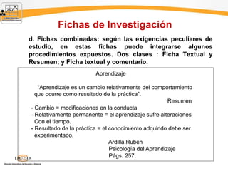 Fichas de Investigación
d. Fichas combinadas: según las exigencias peculiares de
estudio, en estas fichas puede integrarse algunos
procedimientos expuestos. Dos clases : Ficha Textual y
Resumen; y Ficha textual y comentario.
Aprendizaje
“Aprendizaje es un cambio relativamente del comportamiento
que ocurre como resultado de la práctica”.
Resumen
- Cambio = modificaciones en la conducta
- Relativamente permanente = el aprendizaje sufre alteraciones
Con el tiempo.
- Resultado de la práctica = el conocimiento adquirido debe ser
experimentado.
Ardilla,Rubén
Psicología del Aprendizaje
Págs. 257.
 