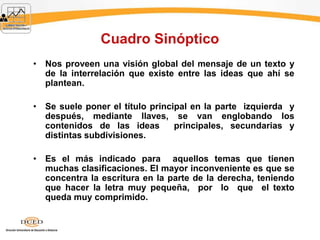 Cuadro Sinóptico
• Nos proveen una visión global del mensaje de un texto y
de la interrelación que existe entre las ideas que ahí se
plantean.
• Se suele poner el título principal en la parte izquierda y
después, mediante llaves, se van englobando los
contenidos de las ideas principales, secundarias y
distintas subdivisiones.
• Es el más indicado para aquellos temas que tienen
muchas clasificaciones. El mayor inconveniente es que se
concentra la escritura en la parte de la derecha, teniendo
que hacer la letra muy pequeña, por lo que el texto
queda muy comprimido.
 