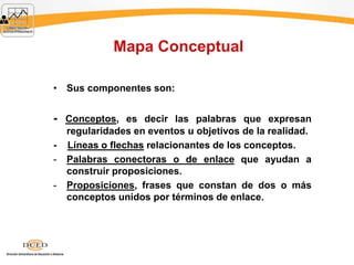 Mapa Conceptual
• Sus componentes son:
- Conceptos, es decir las palabras que expresan
regularidades en eventos u objetivos de la realidad.
- Líneas o flechas relacionantes de los conceptos.
- Palabras conectoras o de enlace que ayudan a
construir proposiciones.
- Proposiciones, frases que constan de dos o más
conceptos unidos por términos de enlace.
 