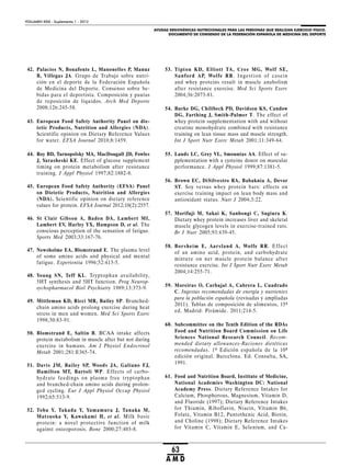 AYUDAS ERGOGÉNICAS NUTRICIONALES PARA LAS PERSONAS QUE REALIZAN EJERCICIO FÍSICO.
DOCUMENTO DE CONSENSO DE LA FEDERACIÓN ESPAÑOLA DE MEDICINA DEL DEPORTE
VOLUMEN XXIX - Suplemento 1 - 2012
63
A M D
42. Palacios N, Bonafonte L, Manonelles P, Manuz
B, Villegas JA. Grupo de Trabajo sobre nutri-
ción en el deporte de la Federación Española
de Medicina del Deporte. Consenso sobre be-
bidas para el deportista. Composición y pautas
de reposición de líquidos. Arch Med Deporte
2008;126:245-58.
43. European Food Safety Authority Panel on die-
tetic Products, Nutrition and Allergies (NDA).
Scientific opinion on Dietary Reference Values
for water. EFSA Journal 2010;8:1459.
44. Roy BD, Tarnopolsky MA, MacDougall JD, Fowles
J, Yarasheski KE. Effect of glucose supplement
timing on protein metabolism after resistance
training. J Appl Physiol 1997;82:1882-8.
45. European Food Safety Authority (EFSA) Panel
on Dietetic Products, Nutrition and Allergies
(NDA). Scientific opinion on dietary reference
values for protein. EFSA Journal 2012;10(2):2557.
46. St Clair Gibson A, Baden DA, Lambert MI,
Lambert EV, Harley YX, Hampson D, et al. The
conscious perception of the sensation of fatigue.
Sports Med 2003;33:167-76.
47. Newsholme EA, Blomstrand E. The plasma level
of some amino acids and physical and mental
fatigue. Experientia 1996;52:413-5.
48. Young SN, Teff KL. Tryptophan availability,
5HT synthesis and 5HT function. Prog Neurop-
sychopharmacol Biol Psychiatry 1989;13:373-9.
49. Mittleman KD, Ricci MR, Bailey SP. Branched-
chain amino acids prolong exercise during heat
stress in men and women. Med Sci Sports Exerc
1998;30:83-91.
50. Blomstrand E, Saltin B. BCAA intake affects
protein metabolism in muscle after but not during
exercise in humans. Am J Physiol Endocrinol
Metab 2001;281:E365-74.
51. Davis JM, Bailey SP, Woods JA, Galiano FJ,
Hamilton MT, Bartoli WP. Effects of carbo-
hydrate feedings on plasma free tryptophan
and branched-chain amino acids during prolon-
ged cycling. Eur J Appl Physiol Occup Physiol
1992;65:513-9.
52. Toba Y, Takada Y, Yamamura J, Tanaka M,
Matsuoka Y, Kawakami H, et al. Milk basic
protein: a novel protective function of milk
against osteoporosis. Bone 2000;27:403-8.
53. Tipton KD, Elliott TA, Cree MG, Wolf SE,
Sanford AP, Wolfe RR. Ingestion of casein
and whey proteins result in muscle anabolism
after resistance exercise. Med Sci Sports Exerc
2004;36:2073-81.
54. Burke DG, Chilibeck PD, Davidson KS, Candow
DG, Farthing J, Smith-Palmer T. The effect of
whey protein supplementation with and without
creatine monohydrate combined with resistance
training on lean tissue mass and muscle strength.
Int J Sport Nutr Exerc Metab 2001;11:349-64.
55. Lands LC, Grey VL, Smountas AA. Effect of su-
pplementation with a cysteine donor on muscular
performance. J Appl Physiol 1999;87:1381-5.
56. Brown EC, DiSilvestro RA, Babaknia A, Devor
ST. Soy versus whey protein bars: effects on
exercise training impact on lean body mass and
antioxidant status. Nutr J 2004;3:22.
57. Morifuji M, Sakai K, Sanbongi C, Sugiura K.
Dietary whey protein increases liver and skeletal
muscle glycogen levels in exercise-trained rats.
Br J Nutr 2005;93:439-45.
58. Borsheim E, Aarsland A, Wolfe RR. Effect
of an amino acid, protein, and carbohydrate
mixture on net muscle protein balance after
resistance exercise. Int J Sport Nutr Exerc Metab
2004;14:255-71.
59. Moreiras O, Carbajal A, Cabrera L, Cuadrado
C. Ingestas recomendadas de energía y nutrientes
para la población española (revisadas y ampliadas
2011). Tablas de composición de alimentos, 15ª
ed. Madrid: Pirámide. 2011;214-5.
60. Subcommittee on the Tenth Edition of the RDAs
Food and Nutrition Board Commission on Life
Sciences National Research Council. Recom-
mended dietary allowances-Raciones dietéticas
recomendadas. 1ª Edición española de la 10ª
edición original. Barcelona. Ed. Consulta, SA,
1991.
61. Food and Nutrition Board, Institute of Medicine,
National Academies Washington DC: National
Academy Press. Dietary Reference Intakes for
Calcium, Phosphorous, Magnesium, Vitamin D,
and Fluoride (1997); Dietary Reference Intakes
for Thiamin, Riboflavin, Niacin, Vitamin B6,
Folate, Vitamin B12, Pantothenic Acid, Biotin,
and Choline (1998); Dietary Reference Intakes
for Vitamin C, Vitamin E, Selenium, and Ca-
 