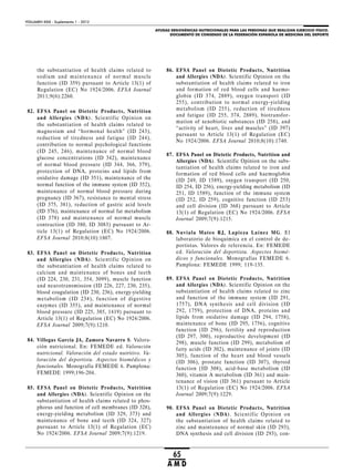 AYUDAS ERGOGÉNICAS NUTRICIONALES PARA LAS PERSONAS QUE REALIZAN EJERCICIO FÍSICO.
DOCUMENTO DE CONSENSO DE LA FEDERACIÓN ESPAÑOLA DE MEDICINA DEL DEPORTE
VOLUMEN XXIX - Suplemento 1 - 2012
65
A M D
the substantiation of health claims related to
sodium and maintenance of normal muscle
function (ID 359) pursuant to Article 13(1) of
Regulation (EC) No 1924/2006. EFSA Journal
2011;9(6):2260.
82. EFSA Panel on Dietetic Products, Nutrition
and Allergies (NDA). Scientific Opinion on
the substantiation of health claims related to
magnesium and “hormonal health” (ID 243),
reduction of tiredness and fatigue (ID 244),
contribution to normal psychological functions
(ID 245, 246), maintenance of normal blood
glucose concentrations (ID 342), maintenance
of normal blood pressure (ID 344, 366, 379),
protection of DNA, proteins and lipids from
oxidative damage (ID 351), maintenance of the
normal function of the immune system (ID 352),
maintenance of normal blood pressure during
pregnancy (ID 367), resistance to mental stress
(ID 375, 381), reduction of gastric acid levels
(ID 376), maintenance of normal fat metabolism
(ID 378) and maintenance of normal muscle
contraction (ID 380, ID 3083) pursuant to Ar-
ticle 13(1) of Regulation (EC) No 1924/2006.
EFSA Journal 2010;8(10):1807.
83. EFSA Panel on Dietetic Products, Nutrition
and Allergies (NDA). Scientific Opinion on
the substantiation of health claims related to
calcium and maintenance of bones and teeth
(ID 224, 230, 231, 354, 3099), muscle function
and neurotransmission (ID 226, 227, 230, 235),
blood coagulation (ID 230, 236), energy-yielding
metabolism (ID 234), function of digestive
enzymes (ID 355), and maintenance of normal
blood pressure (ID 225, 385, 1419) pursuant to
Article 13(1) of Regulation (EC) No 1924/2006.
EFSA Journal 2009;7(9):1210.
84. Villegas García JA, Zamora Navarro S. Valora-
ción nutricional. En: FEMEDE ed. Valoración
nutricional. Valoración del estado nutritivo. Va-
loración del deportista. Aspectos biomédicos y
funcionales. Monografía FEMEDE 6. Pamplona:
FEMEDE 1999;196-204.
85. EFSA Panel on Dietetic Products, Nutrition
and Allergies (NDA). Scientific Opinion on the
substantiation of health claims related to phos-
phorus and function of cell membranes (ID 328),
energy-yielding metabolism (ID 329, 373) and
maintenance of bone and teeth (ID 324, 327)
pursuant to Article 13(1) of Regulation (EC)
No 1924/2006. EFSA Journal 2009;7(9):1219.
86. EFSA Panel on Dietetic Products, Nutrition
and Allergies (NDA). Scientific Opinion on the
substantiation of health claims related to iron
and formation of red blood cells and haemo-
globin (ID 374, 2889), oxygen transport (ID
255), contribution to normal energy-yielding
metabolism (ID 255), reduction of tiredness
and fatigue (ID 255, 374, 2889), biotransfor-
mation of xenobiotic substances (ID 258), and
“activity of heart, liver and muscles” (ID 397)
pursuant to Article 13(1) of Regulation (EC)
No 1924/2006. EFSA Journal 2010;8(10):1740.
87. EFSA Panel on Dietetic Products, Nutrition and
Allergies (NDA). Scientific Opinion on the subs-
tantiation of health claims related to iron and
formation of red blood cells and haemoglobin
(ID 249, ID 1589), oxygen transport (ID 250,
ID 254, ID 256), energy-yielding metabolism (ID
251, ID 1589), function of the immune system
(ID 252, ID 259), cognitive function (ID 253)
and cell division (ID 368) pursuant to Article
13(1) of Regulation (EC) No 1924/2006. EFSA
Journal 2009;7(9):1215.
88. Nuviala Mateo RJ, Lapieza Laínez MG. El
laboratorio de bioquímica en el control de de-
portistas. Valores de referencia. En: FEMEDE
ed. Valoración del deportista. Aspectos biomé-
dicos y funcionales. Monografías FEMEDE 6.
Pamplona: FEMEDE 1999; 119-135.
89. EFSA Panel on Dietetic Products, Nutrition
and Allergies (NDA). Scientific Opinion on the
substantiation of health claims related to zinc
and function of the immune system (ID 291,
1757), DNA synthesis and cell division (ID
292, 1759), protection of DNA, proteins and
lipids from oxidative damage (ID 294, 1758),
maintenance of bone (ID 295, 1756), cognitive
function (ID 296), fertility and reproduction
(ID 297, 300), reproductive development (ID
298), muscle function (ID 299), metabolism of
fatty acids (ID 302), maintenance of joints (ID
305), function of the heart and blood vessels
(ID 306), prostate function (ID 307), thyroid
function (ID 308), acid-base metabolism (ID
360), vitamin A metabolism (ID 361) and main-
tenance of vision (ID 361) pursuant to Article
13(1) of Regulation (EC) No 1924/2006. EFSA
Journal 2009;7(9):1229.
90. EFSA Panel on Dietetic Products, Nutrition
and Allergies (NDA). Scientific Opinion on
the substantiation of health claims related to
zinc and maintenance of normal skin (ID 293),
DNA synthesis and cell division (ID 293), con-
 