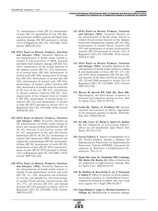AYUDAS ERGOGÉNICAS NUTRICIONALES PARA LAS PERSONAS QUE REALIZAN EJERCICIO FÍSICO.
DOCUMENTO DE CONSENSO DE LA FEDERACIÓN ESPAÑOLA DE MEDICINA DEL DEPORTE
VOLUMEN XXIX - Suplemento 1 - 2012
69
A M D
17), maintenance of hair (ID 17), maintenance
of nails (ID 17), metabolism of iron (ID 206),
and protection of DNA, proteins and lipids from
oxidative damage (ID 209) pursuant to Article
13(1) of Regulation (EC) No 1924/2006. EFSA
Journal 2009;7(9):1221.
128. EFSA Panel on Dietetic Products, Nutrition
and Allergies (NDA). Scientific Opinion on
the substantiation of health claims related to
vitamin E and protection of DNA, proteins
and lipids from oxidative damage (ID 160, 162,
1947), maintenance of the normal function of
the immune system (ID 161, 163), maintenan-
ce of normal bone (ID 164), maintenance of
normal teeth (ID 164), maintenance of normal
hair (ID 164), maintenance of normal skin (ID
164), maintenance of normal nails (ID 164),
maintenance of normal cardiac function (ID
166), maintenance of normal vision by protection
of the lens of the eye (ID 167), contribution
to normal cognitive function (ID 182, 183),
regeneration of the reduced form of vitamin
C (ID 203), maintenance of normal blood cir-
culation (ID 216) and maintenance of normal
a scalp (ID 2873) pursuant to Article 13(1) of
Regulation (EC) No 1924/2006. EFSA Journal
2010;8(10):1816.
129. EFSA Panel on Dietetic Products, Nutrition
and Allergies (NDA). Scientific Opinion on
the substantiation of health claims related to
niacin and energy-yielding metabolism (ID 43,
49, 54), function of the nervous system (ID
44, 53), maintenance of the skin and mucous
membranes (ID 45, 48, 50, 52), maintenance of
normal LDL-cholesterol, HDL-cholesterol and
triglyceride concentrations (ID 46), maintenance
of bone (ID 50), maintenance of teeth (ID 50),
maintenance of hair (ID 50, 2875) and mainte-
nance of nails (ID 50, 2875) pursuant to Article
13(1) of Regulation (EC) No 1924/20061. EFSA
Journal 2009;7(9):1224.
130. EFSA Panel on Dietetic Products, Nutrition
and Allergies (NDA). Scientific Opinion on
the substantiation of health claims related to
vitamin D and maintenance of bone and teeth
(ID 150, 151, 158), absorption and utilisation
of calcium and phosphorus and maintenance
of normal blood calcium concentrations (ID
152, 157), cell division (ID 153), and thyroid
function (ID 156) pursuant to Article 13(1) of
Regulation (EC) No 1924/2006. EFSA Journal
2009;7(9):1227.
131. EFSA Panel on Dietetic Products, Nutrition
and Allergies (NDA). Scientific Opinion on
the substantiation of health claims related to
vitamin D and normal function of the immune
system and inflammatory response (ID 154, 159),
maintenance of normal muscle function (ID
155) and maintenance of normal cardiovascular
function (ID 159) pursuant to Article 13(1) of
Regulation (EC) No 1924/2006. EFSA Journal
2010;8(2):1468.
132. EFSA Panel on Dietetic Products, Nutrition
and Allergies (NDA). Scientific Opinion on the
substantiation of health claims related to vitamin
K and maintenance of bone (ID 123, 127, 128,
and 2879), blood coagulation (ID 124 and 126),
and function of the heart and blood vessels (ID
124, 125 and 2880) pursuant to Article 13(1) of
Regulation (EC) No 1924/2006. EFSA Journal
2009;7(9):1228.
133. Murray R, Bartoli WP, Eddy DE, Horn MK.
Physiological and performance responses to
nicotinic-acid ingestion during exercise. Med
Sci Sports Exerc 1995;27:1057-62.
134. Leibel RL, Bahary N, Friedman JM. Genetic
variation and nutrition in obesity: approaches
to the molecular genetics of obesity. World Rev
Nutr Diet 1990;63:90-101.
135. Yeo WK, Carey AL, Burke L, Spriet LL, Hawley
JA. Fat adaptation in well-trained athletes:
effects on cell metabolism. Appl Physiol Nutr
Metab 2011;36:12-22.
136. García Gabarra A. Ingesta recomendadas en la
UE: Niveles mínimos, óptimos y máximos: En
Suplementación Nutricional. En Suplementación
Nutricional. Edición AFEPADI, Asociación de
empresas de Dietéticos y Complementos Ali-
menticios. 2011;31-51.
137. Stepto NK, Carey AL, Staudacher HM, Cummings
NK, Burke LM, Hawley JA. Effect of short-term
fat adaptation on high-intensity training. Med
Sci Sports Exerc 2002;34:449-55.
138. De Moffarts B, Kirschvink N, Art T, Pincemail
J, Lekeux P. Effect of exercise on blood oxidant/
antioxidant markers in standardbred horses:
comparison between treadmill and race track
tests. Equine Vet J Suppl 2006;36:254-7.
139. López-Román J, Luque A, Martínez-Gonzálvez A,
Villegas JA. Modifications in oxidative damage
 