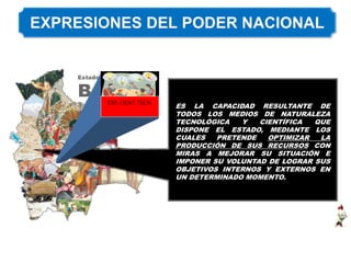 ES LA CAPACIDAD RESULTANTE DE
TODOS LOS MEDIOS DE NATURALEZA
TECNOLÓGICA Y CIENTÍFICA QUE
DISPONE EL ESTADO, MEDIANTE LOS
CUALES PRETENDE OPTIMIZAR LA
PRODUCCIÓN DE SUS RECURSOS CON
MIRAS A MEJORAR SU SITUACIÓN E
IMPONER SU VOLUNTAD DE LOGRAR SUS
OBJETIVOS INTERNOS Y EXTERNOS EN
UN DETERMINADO MOMENTO.
EXP. CIENT, TECN.
 