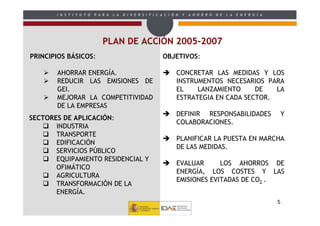 I N S T I T U T O   P A R A   L A   D I V E R S I F I C A C I Ó N   Y   A H O R R O   D E   L A   E N E R G Í A




                               PLAN DE ACCIÓN 2005-2007
PRINCIPIOS BÁSICOS:                                            OBJETIVOS:

       AHORRAR ENERGÍA.                                                CONCRETAR LAS MEDIDAS Y LOS
       REDUCIR LAS EMISIONES DE                                        INSTRUMENTOS NECESARIOS PARA
       GEI.                                                            EL    LANZAMIENTO     DE   LA
       MEJORAR LA COMPETITIVIDAD                                       ESTRATEGIA EN CADA SECTOR.
       DE LA EMPRESAS
                                                                       DEFINIR RESPONSABILIDADES                             Y
SECTORES DE APLICACIÓN:
                                                                       COLABORACIONES.
       INDUSTRIA
       TRANSPORTE
                                                                       PLANIFICAR LA PUESTA EN MARCHA
       EDIFICACIÓN
                                                                       DE LAS MEDIDAS.
       SERVICIOS PÚBLICO
       EQUIPAMIENTO RESIDENCIAL Y
                                                                       EVALUAR      LOS AHORROS DE
       OFIMÁTICO
                                                                       ENERGÍA, LOS COSTES Y LAS
       AGRICULTURA
                                                                       EMISIONES EVITADAS DE CO2 .
       TRANSFORMACIÓN DE LA
       ENERGÍA.
                                                                                                                         5
 