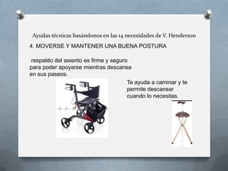 Ayudas técnicas basándonos en las 14 necesidades de V. Henderson
4. MOVERSE Y MANTENER UNA BUENA POSTURA

respaldo del asiento es firme y seguro
para poder apoyarse mientras descansa
en sus paseos.
Te ayuda a caminar y te
permite descansar
cuando lo necesitas.

 
