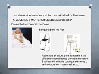 Ayudas técnicas basándonos en las 14 necesidades de V. Henderson
4. MOVERSE Y MANTENER UNA BUENA POSTURA
Escalerilla Incorporación de Cama
Banqueta para los Pies

Regulable en altura para adaptarla a las
diferentes necesidades de cada momento.
Sutilmente inclinada para que se siente o
se incorpore con menor esfuerzo.

 