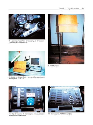 Capítulo 14. Ayudas visuales 291
7. Lupas soporte coil con iluminación y sin iluminación.
Lupa manual Eschenbach 8x.
8. Ayudas no ópticas: flexo y atril de sobremesa ordena-
dor adaptado a C.C.TV.
9. Atril Monopia.
11. Microscopios. Kit Multilens Optio.10. Caja de pruebas de microscopios monoculares (sis-
tema Aplanat) de Multilens.
 