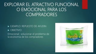 EXPLORAR EL ATRACTIVO FUNCIONAL
O EMOCIONAL PARA LOS
COMPRADORES
 EJEMPLO: REPUESTO DE AYUDIN
 OBJETIVO:
Emocional- solucionar el problema de
la economía de los compradores
 