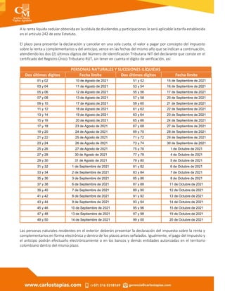 A la renta líquida cedular obtenida en la cédula de dividendos y participaciones le será aplicable la tarifa establecida
en el artículo 242 de este Estatuto.
El plazo para presentar la declaración y cancelar en una sola cuota, el valor a pagar por concepto del impuesto
sobre la renta y complementarios y del anticipo, vence en las fechas del mismo año que se indican a continuación,
atendiendo los dos (2) últimos dígitos del Número de Identificación Tributaria NIT del declarante que conste en el
certificado del Registro Único Tributario RUT, sin tener en cuenta el dígito de verificación, así:
PERSONAS NATURALES Y SUCESIONES ILÍQUIDAS
Dos últimos dígitos Fecha límite Dos últimos dígitos Fecha límite
01 y 02 10 de Agosto de 2021 51 y 52 15 de Septiembre de 2021
03 y 04 11 de Agosto de 2021 53 y 54 16 de Septiembre de 2021
05 y 06 12 de Agosto de 2021 55 y 56 17 de Septiembre de 2021
07 y 08 13 de Agosto de 2021 57 y 58 20 de Septiembre de 2021
09 y 10 17 de Agosto de 2021 59 y 60 21 de Septiembre de 2021
11 y 12 18 de Agosto de 2021 61 y 62 22 de Septiembre de 2021
13 y 14 19 de Agosto de 2021 63 y 64 23 de Septiembre de 2021
15 y 16 20 de Agosto de 2021 65 y 66 24 de Septiembre de 2021
17 y 18 23 de Agosto de 2021 67 y 68 27 de Septiembre de 2021
19 y 20 24 de Agosto de 2021 69 y 70 28 de Septiembre de 2021
21 y 22 25 de Agosto de 2021 71 y 72 29 de Septiembre de 2021
23 y 24 26 de Agosto de 2021 73 y 74 30 de Septiembre de 2021
25 y 26 27 de Agosto de 2021 75 y 76 1 de Octubre de 2021
27 y 28 30 de Agosto de 2021 77 y 78 4 de Octubre de 2021
29 y 30 31 de Agosto de 2021 79 y 80 5 de Octubre de 2021
31 y 32 1 de Septiembre de 2021 81 y 82 6 de Octubre de 2021
33 y 34 2 de Septiembre de 2021 83 y 84 7 de Octubre de 2021
35 y 36 3 de Septiembre de 2021 85 y 86 8 de Octubre de 2021
37 y 38 6 de Septiembre de 2021 87 y 88 11 de Octubre de 2021
39 y 40 7 de Septiembre de 2021 89 y 90 12 de Octubre de 2021
41 y 42 8 de Septiembre de 2021 91 y 92 13 de Octubre de 2021
43 y 44 9 de Septiembre de 2021 93 y 94 14 de Octubre de 2021
45 y 46 10 de Septiembre de 2021 95 y 96 15 de Octubre de 2021
47 y 48 13 de Septiembre de 2021 97 y 98 19 de Octubre de 2021
49 y 50 14 de Septiembre de 2021 99 y 00 20 de Octubre de 2021
Las personas naturales residentes en el exterior deberán presentar la declaración del impuesto sobre la renta y
complementarios en forma electrónica y dentro de los plazos antes señalados. Igualmente, el pago del impuesto y
el anticipo podrán efectuarlo electrónicamente o en los bancos y demás entidades autorizadas en el territorio
colombiano dentro del mismo plazo.
 