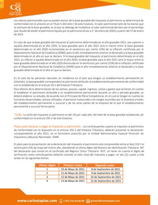 Los valores patrimoniales que se pueden excluir de la base gravable del impuesto al patrimonio se determinará de
conformidad con lo previsto en el Título II del Libro I de este Estatuto. El valor patrimonial neto de los bienes que
se excluyen de la base gravable, es el que se obtenga de multiplicar el valor patrimonial del bien por el porcentaje
que resulte de dividir el patrimonio líquido por el patrimonio bruto a 1° de enero de 2020 y a partir del 1º de enero
de 2021.
En caso de que la base gravable del impuesto al patrimonio determinado en el año gravable 2021, sea superior a
aquella determinada en el año 2020, la base gravable para el año 2021 será la menor entre la base gravable
determinada en el año 2020 incrementada en el veinticinco por ciento 25%) de la inflación certificada por el
Departamento Nacional de Estadística (DANE) para el año inmediatamente anterior al declarado y la base gravable
determinada en el año en que se declara. Si la base gravable del impuesto al patrimonio determinada en el año
2021, es inferior a aquella determinada en el año 2020, la base gravable para el año 2021 será la mayor entre la
base gravable determinada en el año 2020 disminuida en el veinticinco por ciento (25%) de la inflación certificada
por el Departamento Nacional de Estadística (DANE) para el año inmediatamente anterior al declarado y la base
gravable determinada en el año en que se declara.
En el caso de las personas naturales sin residencia en el país que tengan un establecimiento permanente en
Colombia, la base gravable corresponderá al patrimonio atribuido al establecimiento permanente de conformidad
con lo establecido en el artículo 20-2 del Estatuto Tributario.
Para efectos de la determinación de los activos, pasivos, capital, ingresos, costos y gastos que se tienen en cuenta
al establecer el patrimonio atribuible a un establecimiento permanente durante un año o periodo gravable, se
deberá elaborar un estudio, de acuerdo con el Principio de Plena Competencia, en el cual se tengan en cuenta las
funciones desarrolladas, activos utilizados, el personal involucrado y los riesgos asumidos por la empresa a través
del establecimiento permanente o sucursal y de las otras partes de la empresa de la que el establecimiento
permanente o sucursal forma parte.
Tarifa. La tarifa del impuesto al patrimonio es del 1% por cada año, del total de la base gravable establecida, de
conformidad con el artículo 295-2 de este Estatuto.
Plazos para declarar y pagar el impuesto al patrimonio. Los contribuyentes sujetos al impuesto al patrimonio
de conformidad con lo dispuesto en el artículo 292-2 del Estatuto Tributario, deberán presentar la declaración
correspondiente al año 2021, en el formulario prescrito por la Unidad Administrativa Especial Dirección de
Impuestos y Aduanas Nacionales -DIAN.
El plazo para la presentación de la declaración del impuesto al patrimonio está comprendido entre el diez (10) Y el
veinticuatro (24) de mayo del mismo año, atendiendo el último dígito del Número de Identificación Tributaria -NIT
del declarante que conste en el certificado del Registro Único Tributario -RUT, sin tener en cuenta el dígito de
verificación, estos contribuyentes deberán cancelar el valor total del impuesto a pagar, en dos (2) cuotas a más
tardar en las siguientes fechas:
Ultimo digito Primera Cuota Segunda cuota
1 10 de Mayo de 2021 8 de Septiembre de 2021
2 11 de Mayo de 2021 9 de Septiembre de 2021
3 12 de Mayo de 2021 10 de Septiembre de 2021
4 13 de Mayo de 2021 13 de Septiembre de 2021
 