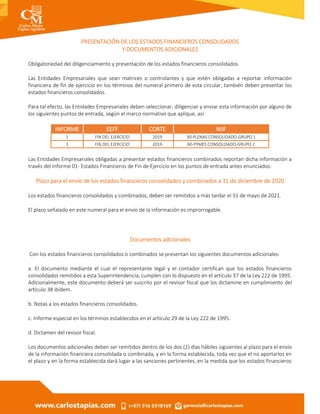PRESENTACIÓN DE LOS ESTADOS FINANCIEROS CONSOLIDADOS
Y DOCUMENTOS ADICIONALES
Obligatoriedad del diligenciamiento y presentación de los estados financieros consolidados
Las Entidades Empresariales que sean matrices o controlantes y que estén obligadas a reportar información
financiera de fin de ejercicio en los términos del numeral primero de esta circular, también deben presentar los
estados financieros consolidados.
Para tal efecto, las Entidades Empresariales deben seleccionar, diligenciar y enviar esta información por alguno de
los siguientes puntos de entrada, según el marco normativo que aplique, así:
INFORME EEFF CORTE NIIF
1 FIN DEL EJERCICIO 2019 30-PLENAS CONSOLIDADO-GRUPO 1
1 FIN DEL EJERCICIO 2019 60-PYMES CONSOLIDADO-GRUPO 2
Las Entidades Empresariales obligadas a presentar estados financieros combinados reportan dicha información a
través del Informe 01- Estados Financieros de Fin de Ejercicio en los puntos de entrada antes enunciados.
Plazo para el envío de los estados financieros consolidados y combinados a 31 de diciembre de 2020
Los estados financieros consolidados y combinados, deben ser remitidos a más tardar el 31 de mayo de 2021.
El plazo señalado en este numeral para el envío de la información es improrrogable.
Documentos adicionales
Con los estados financieros consolidados o combinados se presentan los siguientes documentos adicionales:
a. El documento mediante el cual el representante legal y el contador certifican que los estados financieros
consolidados remitidos a esta Superintendencia, cumplen con lo dispuesto en el artículo 37 de la Ley 222 de 1995.
Adicionalmente, este documento deberá ser suscrito por el revisor fiscal que los dictamine en cumplimiento del
artículo 38 ibídem.
b. Notas a los estados financieros consolidados.
c. Informe especial en los términos establecidos en el artículo 29 de la Ley 222 de 1995.
d. Dictamen del revisor fiscal.
Los documentos adicionales deben ser remitidos dentro de los dos (2) días hábiles siguientes al plazo para el envío
de la información financiera consolidada o combinada, y en la forma establecida, toda vez que el no aportarlos en
el plazo y en la forma establecida dará lugar a las sanciones pertinentes, en la medida que los estados financieros
 