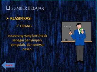  SUMBER BELAJAR
 KLASIFIKASI
 ORANG
seseorang yang bertindak
sebagai penyimpan,
pengolah, dan penyaji
pesan.
BACK
 