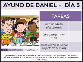 Orar por todos los
niños del mundo
Come y comparte una
fruta
Haz la Lectura del Reto de
Hoy junto con tu Familia
“
”
RETO: LEE COMPLETO » PROVERBIOS 3
 