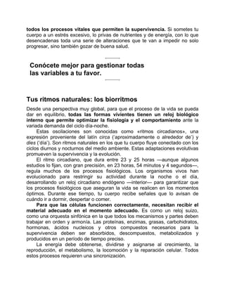 todos los procesos vitales que permiten la supervivencia. Si sometes tu
cuerpo a un estrés excesivo, lo privas de nutrientes y de energía, con lo que
desencadenas toda una serie de alteraciones que te van a impedir no solo
progresar, sino también gozar de buena salud.
Conócete mejor para gestionar todas
las variables a tu favor.
Tus ritmos naturales: los biorritmos
Desde una perspectiva muy global, para que el proceso de la vida se pueda
dar en equilibrio, todas las formas vivientes tienen un reloj biológico
interno que permite optimizar la fisiología y el comportamiento ante la
variada demanda del ciclo día-noche.
Estas oscilaciones son conocidas como «ritmos circadianos», una
expresión proveniente del latín circa (‘aproximadamente o alrededor de’) y
dies (‘día’). Son ritmos naturales en los que tu cuerpo fluye conectado con los
ciclos diurnos y nocturnos del medio ambiente. Estas adaptaciones evolutivas
promueven la supervivencia y la evolución.
El ritmo circadiano, que dura entre 23 y 25 horas —aunque algunos
estudios lo fijan, con gran precisión, en 23 horas, 54 minutos y 4 segundos—,
regula muchos de los procesos fisiológicos. Los organismos vivos han
evolucionado para restringir su actividad durante la noche o el día,
desarrollando un reloj circadiano endógeno —interior— para garantizar que
los procesos fisiológicos que aseguran la vida se realicen en los momentos
óptimos. Durante ese tiempo, tu cuerpo recibe señales que lo avisan de
cuándo ir a dormir, despertar o comer.
Para que las células funcionen correctamente, necesitan recibir el
material adecuado en el momento adecuado. Es como un reloj suizo,
como una orquesta sinfónica en la que todos los mecanismos y partes deben
trabajar en orden y armonía. Las proteínas, enzimas, grasas, carbohidratos,
hormonas, ácidos nucleicos y otros compuestos necesarios para la
supervivencia deben ser absorbidos, descompuestos, metabolizados y
producidos en un período de tiempo preciso.
La energía debe obtenerse, dividirse y asignarse al crecimiento, la
reproducción, el metabolismo, la locomoción y la reparación celular. Todos
estos procesos requieren una sincronización.
 