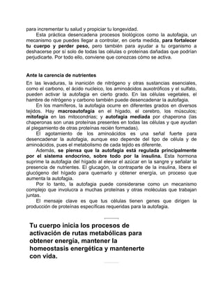 para incrementar tu salud y propiciar tu longevidad.
Esta práctica desencadena procesos biológicos como la autofagia, un
mecanismo que puedes llegar a controlar, en cierta medida, para fortalecer
tu cuerpo y perder peso, pero también para ayudar a tu organismo a
deshacerse por sí solo de todas las células o proteínas dañadas que podrían
perjudicarte. Por todo ello, conviene que conozcas cómo se activa.
Ante la carencia de nutrientes
En las levaduras, la inanición de nitrógeno y otras sustancias esenciales,
como el carbono, el ácido nucleico, los aminoácidos auxotróficos y el sulfato,
pueden activar la autofagia en cierto grado. En las células vegetales, el
hambre de nitrógeno y carbono también puede desencadenar la autofagia.
En los mamíferos, la autofagia ocurre en diferentes grados en diversos
tejidos. Hay macroautofagia en el hígado, el cerebro, los músculos;
mitofagia en las mitocondrias; y autofagia mediada por chaperona (las
chaperonas son unas proteínas presentes en todas las células y que ayudan
al plegamiento de otras proteínas recién formadas).
El agotamiento de los aminoácidos es una señal fuerte para
desencadenar la autofagia, aunque eso depende del tipo de célula y de
aminoácidos, pues el metabolismo de cada tejido es diferente.
Además, se piensa que la autofagia está regulada principalmente
por el sistema endocrino, sobre todo por la insulina. Esta hormona
suprime la autofagia del hígado al elevar el azúcar en la sangre y señalar la
presencia de nutrientes. El glucagón, la contraparte de la insulina, libera el
glucógeno del hígado para quemarlo y obtener energía, un proceso que
aumenta la autofagia.
Por lo tanto, la autofagia puede considerarse como un mecanismo
complejo que involucra a muchas proteínas y otras moléculas que trabajan
juntas.
El mensaje clave es que tus células tienen genes que dirigen la
producción de proteínas específicas requeridas para la autofagia.
Tu cuerpo inicia los procesos de
activación de rutas metabólicas para
obtener energía, mantener la
homeostasis energética y mantenerte
con vida.
 