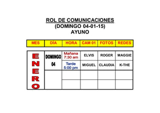 ROL DE COMUNICACIONES
(DOMINGO 04-01-15)
AYUNO
ELVIS ROGER MAGGIE
MIGUEL CLAUDIA K-THE
MES DÍA HORA CAM 01 FOTOS REDES
 