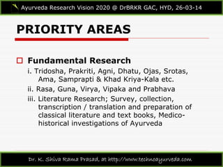 PRIORITY AREAS
Ayurveda Research Vision 2020 @ DrBRKR GAC, HYD, 26-03-14
Dr. K. Shiva Rama Prasad, at http://www.technoayurveda.com/
 Fundamental Research
i. Tridosha, Prakriti, Agni, Dhatu, Ojas, Srotas,
Ama, Samprapti & Khad Kriya-Kala etc.
ii. Rasa, Guna, Virya, Vipaka and Prabhava
iii. Literature Research; Survey, collection,
transcription / translation and preparation of
classical literature and text books, Medico-
historical investigations of Ayurveda
 