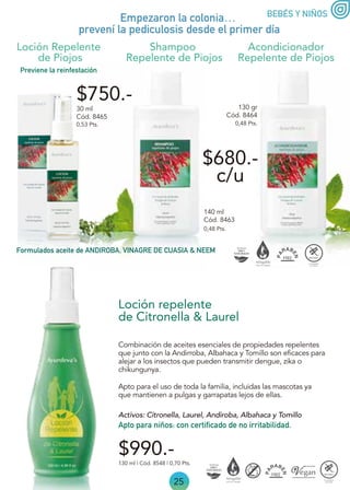 25
BEBÉS Y NIÑOS
$990.-
No te preocupes por los mosquitos
Empezaron la colonia…
prevení la pediculosis desde el primer día
Loción repelente
de Citronella & Laurel
Uso familiar
130 ml | Cód. 8548 | 0,70 Pts.
Activos: Citronella, Laurel, Andiroba, Albahaca y Tomillo
Combinación de aceites esenciales de propiedades repelentes
que junto con la Andirroba, Albahaca y Tomillo son eficaces para
alejar a los insectos que pueden transmitir dengue, zika o
chikungunya.
Apto para el uso de toda la familia, incluidas las mascotas ya
que mantienen a pulgas y garrapatas lejos de ellas.
Apto para niños: con certificado de no irritabilidad.
Formulados aceite de ANDIROBA, VINAGRE DE CUASIA & NEEM
140 ml
Cód. 8463
0,48 Pts.
0,48 Pts.
0,53 Pts.
130 gr
Cód. 8464
Previene la reinfestación
30 ml
Cód. 8465
Shampoo
Repelente de Piojos
Acondicionador
Repelente de Piojos
Loción Repelente
de Piojos
$680.-
c/u
$750.-
 