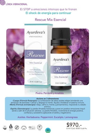 30
El STOP a emociones intensas que te frenan
El shock de energía para continuar
Piedra: Peridoto y Amatista
Rescue Mix Esencial
8 ml | Cód. 8550 | 0,68 Pts.
$970.-
LÍNEA VIBRACIONAL
Acciona en 3 dimensiones
-Cuerpo (Fórmula fitoterapia): La combinación de estos aceites relajan brindando una
sensación de bienestar. Calman y despeja la mente. Ayuda a fortalecer el sistema inmune.
-Mente (Fórmula aromaterapia): relaja, calma tu mente y pensamientos, mejorando tu estado
anímico.
-Espíritu (Gemoterapia): La piedra Amatista transmuta y pone en positivo emociones impul-
sando a salir de la situación adversa. La piedra Peridoto, incrementa la energía positiva,
confianza y autoestima aplacando el estrés y negativismo.
Aceites: Hierbabuena, Peppermint, Eucalipto, Lemongrass
 
