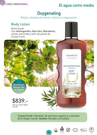 Body Lotion
38
El agua como medio
Oxygenating
Relaja y despeja la mente, mejora la oxigenación.
Cuarzo Fumé: Liberador de patrones negativos y aliviador
de la fatiga mental. Aceites: Sándalo y Eucalipto
LÍNEA VIBRACIONAL
Nutre la piel.
Con Ashwagandha, Aloe Vera, Macadamia,
aceites esenciales y elixir de piedra de
Cuarzo Fumé.
$839.-
185 gr | Cód. 8546
0,59 Pts.
Encontrá el
Shower Gel
en Pág 04
 