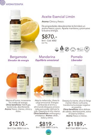 46
AROMATERAPIA
8ml | Cód. 8034 | 0,84 Pts.
Liberador
Despeja la mente, alivia la fatiga
mental. Efecto vivificante,
transforma la energía negativa
en positiva.
Otros beneficios: alivia dolores
de cabeza, desintoxicante, activa
el sistema linfático.
Aroma: fresco e intenso.
Pomelo
$1189.-
$819.-
Equilibrio emocional
Aleja la melancolía. Libera la
carga emocional. Energiza
cambiando el ánimo y
eliminando bloqueos emocio-
nales para poder disfrutar la
vida. Despierta al niño interior.
Otros beneficios: antihongos y
antiséptico. Aroma: cálido ,
dulce y cítrico.
8ml | Cód. 8009 | 0,58 Pts.
Mandarina
Aroma: Cítrico y fresco.
De propiedades desodorantes te brindará un
aroma fresco y puro. Aparte mantiene y promueve
la buena energía.
Aceite Esencial Limón
8ml | Cód. 8002
0,61 Pts.
$870.-
Elevador de energía
Bergamota
Mejora el humor, incrementa
los niveles de energía.
Otros beneficios: Febrífugo,
bactericida, desinfectante.
Aroma: fresco, intenso, cítrico y
dulce.
$1210.-
8ml | Cód. 8026 | 0,85 Pts.
 