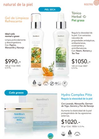61
Limpia profundamente
y descongestiona.
Con Pepino,
Manzanilla y Naranja
Gel de Limpieza
Refrescante
Ideal cutis
normal a graso
120 gr | Cód. 8505
0,70 Pts.
$990.-
0,74 Pts.
120 ml | Cód. 8507
Piel grasa
Tónico
Herbal ·G·
$1050.-
Regula la oleosidad de
la piel. Con extractos
naturales de
propiedades antisépticas,
antibacterianas,
cicatrizantes y
antiinflamatorias.
Con Neem, Romero y
Tea Tree
natural de la piel
Regula la oleosidad de la piel
50 gr | Cód. 10026 | 0,72 Pts.
Con Lavanda, Manzanilla, Germen
de Trigo, Geranio y Flor de Naranja
Aumenta la elasticidad de la piel
protegiéndola de las agresiones
externas.
$1020.-
Hydro Complex Pitta
Cutis grasos
PIEL SECA
ROSTRO
 