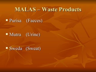 MALAS – Waste Products Purisa  (Faeces) Mutra  (Urine) Sweda  (Sweat) 