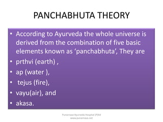 PANCHABHUTA THEORYAccording to Ayurveda the whole universe is derived from the combination of five basic elements known as ‘panchabhuta’, They are prthvi (earth) , ap (water ),tejus (fire),vayu(air), and akasa.Punarnava Ayurveda Hospital (P)ltd  www.punarnava.net