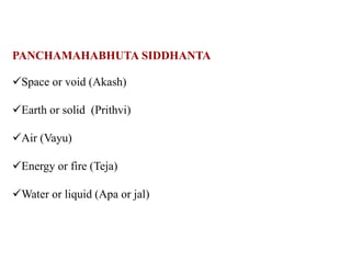 PANCHAMAHABHUTA SIDDHANTA
Space or void (Akash)
Earth or solid (Prithvi)
Air (Vayu)
Energy or fire (Teja)
Water or liquid (Apa or jal)
 