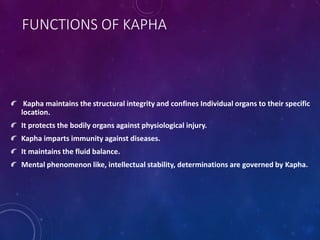 FUNCTIONS OF KAPHA
Kapha maintains the structural integrity and confines Individual organs to their specific
location.
It protects the bodily organs against physiological injury.
Kapha imparts immunity against diseases.
It maintains the fluid balance.
Mental phenomenon like, intellectual stability, determinations are governed by Kapha.
 