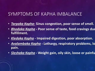 SYMPTOMS OF KAPHA IMBALANCE
• Tarpaka Kapha- Sinus congestion, poor sense of smell.
• Bhodaka Kapha - Poor sense of taste, food cravings due
fulfillment.
• Kledaka Kapha - Impaired digestion, poor absorption.
• Avalambaka Kapha - Lethargy, respiratory problems, lo
pain.
• Sleshaka Kapha - Weight gain, oily skin, loose or painfu
 