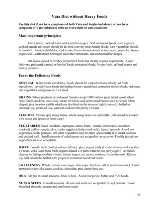 Vata Diet without Heavy Foods
Use this diet if you have symptoms of both Vata and Kapha imbalance or you have
symptoms of Vata imbalance with an overweight or ama condition

Most important principles:
Favor warm, cooked foods and warm beverages. Soft and moist foods, such as pasta,
cooked cereals and soups should be favored over dry and crunchy foods. Raw vegetables should
be avoided. Avoid cold drinks, iced drinks, frozen desserts (such as ice cream, popsicles, frozen
yogurt, etc.,) caffeinated beverages and other stimulants, and carbonated beverages.
All foods should be freshly prepared of fresh and ideally organic ingredients. Avoid
leftovers, packaged, canned or bottled foods, processed foods, frozen foods, refined sweets and
bakery products.

Favor the Following Foods
GENERAL Warm foods and drinks. Foods should be cooked at home ideally, of fresh
ingredients. Avoid frozen foods (including frozen vegetables,) canned or bottled foods, red meat,
raw vegetables and greasy or fried food.
GRAINS Wheat products (avoid yeast breads except 100% whole grain bread, avoid white
flour; favor crackers, cous-cous, cream of wheat, and unleavened breads such as whole wheat
chapati, pita bread or tortilla which are dry-fried on the stove or lightly toasted,) boiled or
steamed rice, cream of rice, oatmeal cooked with plenty of water.
LEGUMES Yellow split mung beans, whole mung beans, or red lentils. (All should be cooked
with water and spices to form soup.)
VEGETABLES Favor zucchini, asparagus, carrot, beets, tomato, artichokes, cucumber
(cooked), yellow squash, okra, tender eggplant (baby-sized only), fennel, spinach. Avoid raw
vegetables, white potatoes. All other vegetables may be eaten occasionally if in small portions
and cooked well. Small amounts of salad greens are acceptable on occasion. Freshly juiced raw
vegetables are also acceptable.
DAIRY Low-fat milk (boiled and served hot), ghee, yogurt (only if made at home and less than
24 hours old,) lassi from fresh yogurt (diluted 4-6 parts water to one part yogurt.) Avoid all
cheeses including nondairy cheese, frozen yogurt, ice cream, nondairy frozen desserts. Rice or
soy milk should be boiled with ginger or cinnamon and drunk warm.
SWEETENERS Whole, natural cane sugar, date sugar, fructose, (all in small amounts.) Avoid
prepared sweets like cakes, cookies, chocolate, pies, candy bars, etc.
OILS All, but in small amounts. Ghee is best. Avoid margarine, butter and fried foods.
NUTS & SEEDS In small amounts all nuts and seeds are acceptable except peanuts. Favor
blanched almonds, sesame and sunflower seeds.
55

 