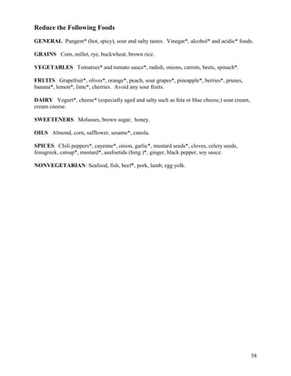 Reduce the Following Foods
GENERAL Pungent* (hot, spicy), sour and salty tastes. Vinegar*, alcohol* and acidic* foods.
GRAINS Corn, millet, rye, buckwheat, brown rice.
VEGETABLES Tomatoes* and tomato sauce*, radish, onions, carrots, beets, spinach*.
FRUITS Grapefruit*, olives*, orange*, peach, sour grapes*, pineapple*, berries*, prunes,
banana*, lemon*, lime*, cherries. Avoid any sour fruits.
DAIRY Yogurt*, cheese* (especially aged and salty such as feta or blue cheese,) sour cream,
cream cneese.
SWEETENERS Molasses, brown sugar, honey.
OILS Almond, corn, safflower, sesame*, canola.
SPICES Chili peppers*, cayenne*, onion, garlic*, mustard seeds*, cloves, celery seeds,
fenugreek, catsup*, mustard*, asafoetida (hing.)*, ginger, black pepper, soy sauce.
NONVEGETARIAN: Seafood, fish, beef*, pork, lamb, egg yolk.

58

 