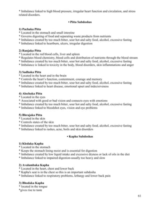 * Imbalance linked to high blood pressure, irregular heart function and circulation, and stress
related disorders.
• Pitta Subdoshas
1) Pachaka Pitta
* Located in the stomach and small intestine
* Governs digesting of food and separating waste products from nutrients
* Imbalance created by too much bitter, sour hot and salty food, alcohol, excessive fasting
* Imbalance linked to heartburn, ulcers, irregular digestion
2) Ranjaka Pitta
* Located in the red blood cells, liver and spleen
* Regulates blood chemistry, blood cells and distribution of nutrients through the blood stream
* Imbalance created by too much bitter, sour hot and salty food, alcohol, excessive fasting
* Imbalance is linked to toxicity in the body, blood disorders, skin inflammations and anger
3) Sadhaka Pitta
* Located in the heart and in the brain
* Controls the heart’s function, contentment, courage and memory
* Imbalance created by too much bitter, sour hot and salty food, alcohol, excessive fasting
* Imbalance linked to heart disease, emotional upset and indecisiveness
4) Alochaka Pitta
* Located in the eyes
* Associated with good or bad vision and connects eyes with emotions
* Imbalance created by too much bitter, sour hot and salty food, alcohol, excessive fasting
* Imbalance linked to bloodshot eyes, vision and eye problems
5) Bhrajaka Pitta
* Located in the skin
* Controls states of the skin
* Imbalance created by too much bitter, sour hot and salty food, alcohol, excessive fasting
* Imbalance linked to rashes, acne, boils and skin disorders
• Kapha Subdoshas
1) Kledaka Kapha
* Located in the stomach
* Keeps the stomach lining moist and is essential for digestion
* Imbalance created by low liquid intake and excessive dryness or lack of oils in the diet
* Imbalance linked to impaired digestion-usually too heavy and slow
2) Avalambaka Kapha
* Located in the heart, chest and lower back
* Kapha's seat is in the chest so this is an important subdosha
* Imbalance linked to respiratory problems, lethargy and lower back pain
3) Bhodaka Kapha
* located in the tongue
*gives rise to taste
61

 
