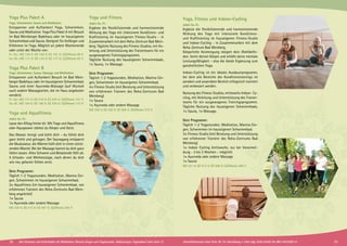 28 29
Yoga Plus Paket A
Yoga, Schwimmen, Sauna und Meditation
Entspannen und Auftanken! Yoga, Schwimmen,
Sauna und Meditation. Yoga Plus Paket A mit Besuch
im Bad Meinberger Badehaus oder im hauseigenen
Schwimmbad und Sauna. Geeignet für Anfänger und
Erfahrene im Yoga. Möglich an jedem Wochenende
oder unter der Woche von:
Fr.-So.: MZ 126 €; DZ 156 €; EZ 191 €; S/Z/Womo 99 €
So.-Di.: MZ 111 €; DZ 143 €; EZ 177 €; S/Z/Womo 83 €
Yoga Plus Paket B
Yoga, Schwimmen, Sauna, Massage und Meditation
Entspannen und Auftanken! Besuch im Bad Mein-
berger Badehaus oder im hauseigenen Schwimmbad,
Sauna und einer Ayurveda-Massage (auf Wunsch
auch andere Massagearten, die im Haus angeboten
werden).
Fr.-So.: MZ 177 €; DZ 210 €; EZ 244 €; S/Z/Womo 151 €
So.-Di.: MZ 164 €; DZ 196 €; EZ 230 €; S/Z/Womo 137 €
Yoga und Aquafitness
Jeden So.-Fr.
Lasse den Alltag hinter dir. Mit Yoga und Aqua­fit­ness
oder Aquapower stärkst du Körper und Geist.
Das Wasser reinigt und kühlt dich – du fühlst dich
ganz leicht und getragen. Der Saunagang entspannt
die Muskulatur, die Wärme hüllt dich in einen schüt-
zenden Mantel. Bei der Massage kannst du dich ganz
fallen lassen. Alles Schwere und Belastende fällt ab.
5 Urlaubs- und Wellnesstage, nach denen du dich
wie neu geboren fühlen wirst.
Dein Programm:
Täglich 1-2 Yogastunden, Meditation, Mantra-Sin-
gen, Schwimmen im hauseigenen Schwimmbad.
2× Aquafitness (im hauseigenen Schwimmbad, von
erfahrenen Trainern des Reha-Zentrums Bad Mein-
berg angeleitet)
1× Sauna
1× Ayurveda oder andere Massage
MZ 330 €; DZ 412 €; EZ 497 €; S/Z/Womo 265 €
Yoga und Fitness
Jeden So.-Fr.
Ergänze die flexibilisierende und harmonisierende
Wirkung des Yoga mit intensivem Konditions- und
Krafttraining im hauseigenen Fitness-Studio - in
Zusammenarbeit mit dem Reha-Zentrum Bad Mein-
berg. Tägliche Nutzung des Fitness-Studios, mit An-
leitung und Unterstützung des Trainerteams für ein
ausgewogenes Trainingsprogramm.
Tägliche Nutzung des hauseigenen Schwimmbads,
1× Sauna, 1× Massage.
Dein Programm:
Täglich 1-2 Yogastunden, Meditation, Mantra-Sin-
gen, Schwimmen im hauseigenen Schwimmbad.
4× Fitness-Studio (mit Beratung und Unterstützung
von erfahrenen Trainern des Reha-Zentrums Bad
Meinberg)
1× Sauna
1× Ayurveda oder andere Massage
MZ 338 €; DZ 420 €; EZ 506 €; S/Z/Womo 275 €
Yoga, Fitness und Indoor-Cycling
Jeden So.-Fr.
Ergänze die flexibilisierende und harmonisierende
Wirkung des Yoga mit intensivem Konditions-
und Krafttraining im hauseigenen Fitness-Studio
und Indoor-Cycling - in Zusammenarbeit mit dem
Reha-Zentrum Bad Meinberg.
Körperliche Anstrengung steigert dein Wohlbefin-
den, formt deinen Körper und erhöht deine mentale
Leistungsfähigkeit – also die ideale Ergänzung zum
ganzheitlichen Yoga.
Indoor-Cycling ist ein ideales Ausdauerprogramm,
bei dem alle Bereiche des Konditionstrainings im
aeroben und anaeroben Bereich erfolgreich trainiert
und verbessert werden.
Nutzung des Fitness-Studios, mittwochs Indoor- Cy-
cling, mit Anleitung und Unterstützung des Trainer-
teams für ein ausgewogenes Trainingsprogramm.
Tägliche Nutzung des hauseigenen Schwimmbads,
1× Sauna, 1× Massage.
Dein Programm:
Täglich 1-2 Yogastunden, Meditation, Mantra-Sin-
gen, Schwimmen im hauseigenen Schwimmbad.
3× Fitness-Studio (mit Beratung und Unterstützung
von erfahrenen Trainern des Reha-Zentrums Bad
Meinberg)
1× Indoor Cycling (mittwochs, nur bei Voranmel-
dung - 2 bis 3 Wochen - möglich)
1× Ayurveda oder andere Massage
1× Sauna
MZ 331 €; DZ 413 €; EZ 498 €; S/Z/Womo 266 €
Alle Seminare und Aufenthalte mit Meditation, Mantra-Singen und Yogastunden. Abkürzungen, Tagesablauf siehe Seite 37 Anmeldeformular siehe Seite 38. Tel. Anmeldung + Infos tägl. 8:00-20:00 Uhr BM: 05234/87-0
 