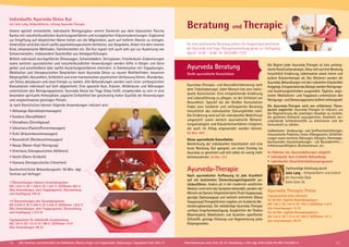 Individuelle Ayurveda Detox Kur
mit Julia Lang, Heilpraktikerin, Leitung Ayurveda Therapie
Unsere speziell entwickelte, individuelle Reinigungskur vereint Elemente aus dem klassischen Pancha
Karma mit naturheilkundlichen Ausleitungsverfahren und europäischen Kräuterzubereitungen. Ergänzend
zur Entgiftung auf körperlicher Ebene bieten wir die Möglichkeit, auch auf tieferen Ebenen zu reinigen.
Unterstützt wird dies durch sanfte psychotherapeutische Verfahren, wie Gespräche, Arbeit mit dem inneren
Kind, schamanische Methoden, Familienstellen etc. Die Kur eignet sich auch sehr gut zur Ausleitung von
Schwermetallen, insbesondere Quecksilber aus Amalgamfüllungen.
Mittels individuell durchgeführter Ölmassagen, Schwitzbädern, Stirngüssen, Frischkräuter-Zubereitungen
sowie weiterer ayurvedischer und naturheilkundlicher Anwendungen werden Gifte in Körper und Geist
gelöst und anschließend über sanfte Ausleitungsverfahren eliminiert. In Kombination mit Yogaübungen,
Meditation und therapeutischen Gesprächen kann Ayurveda Detox zu neuem Wohlbefinden, besserem
Körpergefühl, Gesundheit, Schönheit und einer harmonischen psychischen Verfassung führen. Wunderbar,
um Stress abzubauen und neue Energie zu tanken. Alle Behandlungen werden nach einer umfangreichen
Konsultation individuell auf dich abgestimmt. Eine spezielle Kost, Kräuter, Wildkräuter und Mikroalgen
unterstützen den Reinigungsprozess. Ayurveda Detox bei Yoga Vidya heißt, eingebunden zu sein in eine
besondere spirituelle Atmosphäre, yogische Einfachheit bei gleichzeitig hoher Qualität der Anwendungen
und vergleichsweise günstigen Preisen.
Je nach Konstitution können folgende Anwendungen indiziert sein:
• Abhyanga (Ganzkörpermassagen)
• Svedana (Dampfbäder)
• Shirodhara (Stirnölgüsse)
• Udvartana (Pasten/Pulvermassagen)
• Kizhi (Kräuterbeutelmassagen)
• Navarakizhi (Reisbeutelmassagen)
• Nasya (Nasen-Kopf-Reinigung)
• Virechana (therapeutisches Abführen)
• Vasthi (Darm-Einläufe)
• Vamana (therapeutisches Erbrechen)
Durchschnittliche Behandlungszeit: 90 Min. tägl.
Termine auf Anfrage!
7 Übernachtungen inklusive Gesamtprogramm
MZ 1.053 €, DZ 1.168 €, EZ 1.287 €, S/Z/Womo 962 €
(Nur Anwendungen, ohne Yogaprogramm, Übernachtung
und Verpflegung 709 €)
14 Übernachtungen inkl. Gesamtprogramm
MZ 2.039 €, DZ 2.269 €, EZ 2.506 €, S/Z/Womo 1.832 €
(Nur Anwendungen, ohne Yogaprogramm, Übernachtung
und Verpflegung 1.375 €)
Tagespauschale für individuelle Zusatzbuchung
MZ 154 €; DZ 172 €; EZ 188 €; S/Z/Womo 141€
(Nur Anwendungen: 98 €)
Für eine telefonische Beratung stehen die Ansprechpartner/innen
der Ayurveda und Yoga-Therapieanmeldung gerne zur Verfügung,
täglich 14:30 - 16:00 Tel. 05234/87-2123
Beratung und Therapie
Ayurveda Beratung
Große ayurvedische Konsultation
Ayurveda-Therapie- und Gesundheitsberatung nach
dem Tridoshakonzept. Jeder Mensch hat eine indivi-
duelle Konstitution. Eine entsprechende Ernährung
und Lebensführung zu pflegen, ist der Schlüssel zur
Gesundheit. Speziell bei der Großen Konsultation
findet eine fundierte und umfangreiche Beratung
hinsichtlich des individuellen Störungs­bildes statt.
Die Ernährung wird auf die individuellen Bedürfnisse
umgestellt sowie weitere ayurvedische Behand-
lungsstrategien und Kräuterheilverfahren integriert,
die auch im Alltag angewendet werden können.
60 Min. 48 €
Kleine ayurvedische Konsultation
Bestimmung der individuellen Konstitution und eine
kurze Beratung. Gut geeignet, um einen Ein­stieg ins
Ayurveda zu gewinnen und sich selbst ein wenig mehr
kennenzulernen. 30 Min. 23 €
Ayurveda-Therapie
Nach ayurvedischer Auffassung ist jede Krankheit
auf ein bestimmtes Elementeungleichgewicht zu-
rückzuführen. Anders als in der modernen westlichen
Medizin wird nicht das Symptom behandelt, sondern der
Mensch als Ganzes. Körperorientierte (Yukti Vyapasraya),
geistige (Sattva­vajaya) und seelisch orientierte (Daiva
Vyapasraya) Therapieformen ergeben ein fundiertes Be-
handlungskonzept. Die vollständige Ayurveda-Therapie
umfasst Ursachenbeseitigung, Ausgleichen der Doshas
(Bioenergien), Mobilisieren und Ausleiten spezifischer
Giftstoffe, geistige Erholung und Regenerierung jedes
Körpergewebes.
Der Beginn jeder Ayurveda-Therapie ist eine umfang­­
reicheKonstitutionsanalyse.DiesezieltaufeineBeratung
hinsichtlich Ernährung, Lebens­­weise sowie innere und
äußere Kräutertherapie ab. Des Weiteren werden die
Ayurveda-Behandlungen mit den indizierten Kräuterölen
festgelegt.EntsprechenddesBiotypswerdenReinigungs-
und Ausleitungstechniken ausgewählt. Tägliche, ange-
leitete Meditations- und Yogapraxis unterstützen den
Reinigungs-undGenesungsprozessäußerstwirkungsvoll.
Die Ayurveda-Therapie wird von erfahrenen Thera-
peuten angeleitet. Ayurveda-Therapie ist indiziert, um
die Regenerierung des jeweiligen Gewebes zu erzielen,
die gestörten Elemente auszugleichen, Krankheit ver-
ursachende Schlackenstoffe zu eliminieren und die
Immunkraft zu stärken.
Indikationen: Verdauungs- und Stoffwechselstörungen,
rheumatische Probleme, Unter-/Übergewicht, Schlafstö-
rungen sowie nervliche Störungen, Allergien, Atemwegs-
beschwerden, Hauterkrankungen - z.B. Neurodermitis -,
Infektionsanfälligkeit, Bluthochdruck, etc.
Im Rahmen der Ayurvedatherapie möglich:
• 	Individuelle Anti-Cellulite Behandlung
• 	Individuelles Gewichtsreduktionsprogramm
Fachkundige Anleitung durch
Julia Lang – Heilpraktikerin und Leiterin 		
der Ayurveda Oase.
Siehe Seite 39.
Ayurveda Therapie Preise
Tagespauschale (alles inklusive)
für 60 Min. tägliche Behandlungsdauer:
MZ 128 €; DZ 144 €; EZ 159 €; S/Z/Womo 114 €
(nur Anwendungen: 72 €)
Für 90 Min. tägliche Behandlungsdauer:
MZ 154 €; DZ 172 €; EZ 188 €; S/Z/Womo 141 €
(nur Anwendungen: 98 €)
12 13Alle Seminare und Aufenthalte mit Meditation, Mantra-Singen und Yogastunden. Abkürzungen, Tagesablauf siehe Seite 37 Anmeldeformular siehe Seite 38. Tel. Anmeldung + Infos tägl. 8:00-20:00 Uhr BM: 05234/87-0
 
