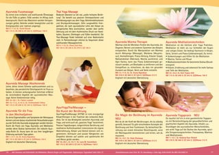 Ayurveda Fussmassage
Du lernst eine einfache und wohltuende Ölmassage
für die Füße zu geben. Füße werden im Alltag stark
beansprucht. Durch das Massieren werden Verspan-
nungen gelöst, Gelenke wieder beweglicher und die
Energiepunkte und -bahnen angeregt.
BM 9.-11.8. SL: Gundi Nowak
MZ 175 €; DZ 209 €; EZ 243 €; S/Z/Womo 150 €
Ayurveda Massage Wochenende
Lerne, deine innere Stimme wahrzunehmen und zu
beachten, das persönliche Gleichgewicht im Fluss zu
halten. In kleinen wirkungsvollen Schritten erfährst
du verschiedene Aspekte der ayurvedischen Mas-
sage. Keine Vorkenntnisse nötig.
BM 18.-20.1. SL: Fabian Landahl
BM 15.-17.2., 6.-8.12. SL: Krishnashakti Stiboy
MZ 175 €; DZ 209 €; EZ 243 €; S/Z/Womo 150 €
Ayurveda für die Frau
in den Wechseljahren
Du lernst Eigenschaften und Symptome der Menopause
kennen und wie daraus resultierende Herausforderungen
aus der Sicht des Ayurveda angegangen werden können.
Durch die Praxis von Yoga, Ayurveda und Meditation
werden deine Doshas harmonisiert. Die indische Ayur-
veda-Ärztin Dr. Aruna kann dir aus ihrer langjährigen
Erfahrung wertvolle Tipps geben.
BM 1.-3.11. SL: Dr. Aruna Rajendran
MZ 175 €; DZ 209 €; EZ 243 €; S/Z/Womo 150 €
Englisch mit deutscher Übersetzung
Thai Yoga Massage
Bedeutet übersetzt so viel wie „uralte heilsame Berüh-
rung“. Sie besteht aus passiven Streckpositionen und
Dehnbewegungen aus dem Yoga, Gelenkmobilisationen
und Druckpunktmassagen. Zehn ausgewählte Ener-
gielinien, die nach ayurvedischer Lehre den Körper als
energetisches Netz durchziehen, werden über sanfte
Dehnung und mit dem rhythmischen Druck von Hand-
ballen, Daumen, Ellenbogen und Füßen bearbeitet. Die
Thai-Massage findet bekleidet auf einer Bodenmatte
statt. In Partnerübungen erlernst du Sequenzen dieser
wohltuenden Massagetechnik.
NO 9.-11.8. SL: Charry Devi Ruiz
MZ 194 €; DZ 236 €; EZ 278 €; S/Z 165 €
AyurYogaThaiMassage –
Die Kunst der Berührung
AyurYogaThaiMassage (AYTM) ist eine einzigartige
Körpertherapie in der Tradition des Leibarztes Bud-
dhas. Sie ist das Bindeglied zwischen Ayurveda und
Yoga, und wird auch als „passives Yoga“ bezeichnet.
Passive Yogaübungen, zielgerichtete Berührung und
meditative Aufmerksamkeit intensivieren die eigene
Wahrnehmung, Körper und Gemüt können sich re-
generieren. Vertrauen und soziale Fähigkeiten wie
Empathie können auf subtile und spielerische Art
und Weise geübt werden.
BM 18.-20.1., 8.-10.11. SL: Lara-M. Vucemilovic
MZ 175 €; DZ 209 €; EZ 243 €; S/Z/Womo 150 €
Ayurveda Marma Therapie
Marmas sind die Meridian-Punkte des Ayurveda, die
Organen, Nerven und anderen Systemen des Körpers
entsprechen. Durch die Manipulation von Marmas
durch Abhyanga (Massage), Mardana (Akupres-
sur), Aromatherapie, Prana-Heilung, Kräuter (Lepa),
Raktamokshan (Aderlass), Marma punktieren und
Agni Karma, kann das Prana (Lebensenergie) ge-
steuert werden, um Blockaden zu entfernen und den
Energiefluss zu stimulieren, do dass ein gesunder
Zustand von Körper, Geist und Seele entsteht.
BM 12.-17.5. SL: Dr. Aruna Rajendran
MZ 378 €; DZ 460 €; EZ 544 €; S/Z/Womo 313 €
Englisch mit deutscher Übersetzung
Die Magie der Berührung im Ayurveda
NEU
Bist du dir der Kraft der Berührungen, die du ständig
genießt, bewusst? Es gibt verschiedene Konzepte der
Berührung und ihrer Funktionen. Du betrachtest Be-
rührung von einem klinischen Gesichtspunkt, wirst
die Marmapunkte kennenlernen und lernen, wie du
massierst.
BM 14.-19.7. SL: Veda Chaitanya
MZ 378 €; DZ 460 €; EZ 544 €; S/Z/Womo 313 €
Englisch mit deutscher Übersetzung
Ayurveda Meditationstechniken
Meditation ist die höchste aller Yoga Praktiken.
Meditation ist mehr als nur Schließen der Augen
und ruhiges Sitzen: Sie bedingt Harmonie in Körper,
Geist, Sinnen und Prana (Lebensenergie). Du lernst:
• Vorbereitungen und Hilfen für die Meditation
• Mantra, Yantra und Ritual
• Meditationstechniken für bestimmte Doshas (Grund-
energien)
• Kräuter, Ernährung und Lebensstil für mehr Sattwa
und Tiefe der Meditation.
BM 22.-24.2. SL: Kati Tripura Voß
MZ 175 €; DZ 209 €; EZ 243 €; S/Z/Womo 150 €
Ayurveda Yogapraxis	 NEU
Du tauchst tief ein in eine ganzheitliche Yogapra-
xis mit Berücksichtigung der gesundheitlichen und
psychischen Aspekte des Ayurveda. Inhalte u.a.:
Grundlagen des ayurvedischen Menschenbildes,
wie wirkt Yoga auf die Doshas des Ayurveda, spezi-
elle Entspannungstechniken, Pranayamas, Mantras
und Meditationen.
BM 7.-12.7. SL: Kuldeep Kaur Wulsch
MZ 378 €; DZ 460 €; EZ 544 €; S/Z/Womo 313 €
16 17Alle Seminare und Aufenthalte mit Meditation, Mantra-Singen und Yogastunden. Abkürzungen, Tagesablauf siehe Seite 37 Anmeldeformular siehe Seite 38. Tel. Anmeldung + Infos tägl. 8:00-20:00 Uhr BM: 05234/87-0
 