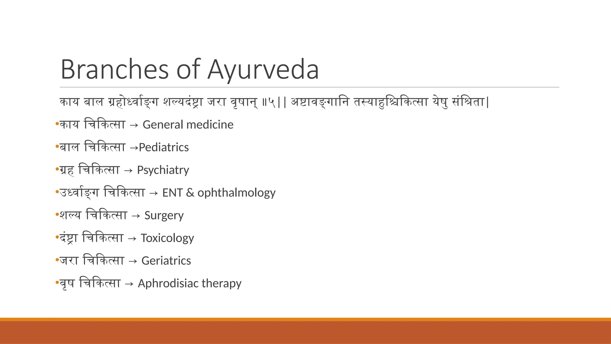 Branches of Ayurveda
काय बाल ग्रहोर्ध्वाङ्ग शल्यदंष्ट्रा जरा वृषान् ॥५|| अष्टाव‌
ङ्गानि तस्याहुश्चिकित्सा येषु संश्रिता|
•काय चिकित्सा → General medicine
•बाल चिकित्सा →Pediatrics
•ग्रह चिकित्सा → Psychiatry
•उर्ध्वाङ्ग चिकित्सा → ENT & ophthalmology
•शल्य चिकित्सा → Surgery
•दंष्ट्रा चिकित्सा → Toxicology
•जरा चिकित्सा → Geriatrics
•वृष चिकित्सा → Aphrodisiac therapy
 