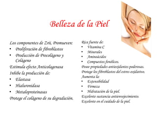 Belleza de la Piel 
Los componentes de Zrii, Promueven: 
• Proliferación de fibroblastos 
• Producción de Procolágeno y 
Colágeno 
Estimula efecto Anticolagenasa 
Inhibe la producción de: 
• Elastasa 
• Hialuronidasa 
• Metaloproteinasas 
Protege el colágeno de su degradación. 
Rica fuente de: 
• Vitamina C 
• Minerales 
• Aminoácidos 
• Compuestos fenólicos. 
Posee propiedades antioxidantes poderosas. 
Protege los fibroblastos del estres oxidativo. 
Aumenta la: 
• Extensibilidad 
• Firmeza 
• Hidratación de la piel. 
Excelente sustancia antienvejecimiento. 
Excelente en el cuidado de la piel. 
 