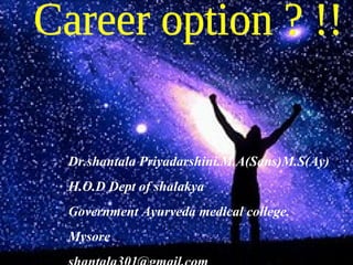 Dr.shantala Priyadarshini.M.A(Sans)M.S(Ay)
H.O.D Dept of shalakya
Government Ayurveda medical college.
Mysore
 