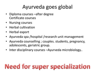 Ayurveda goes global
• Diploma courses –after degree
Certificate courses
• Nursing courses
• Herbal cultivation
• Herbal export
• Ayurveda spa /hospital /research unit management
• Ayurveda counselling ; couples. students, pregnancy,
adolescents, geriatric group.
• Inter disciplinary courses –Ayurveda microbiology..
 
